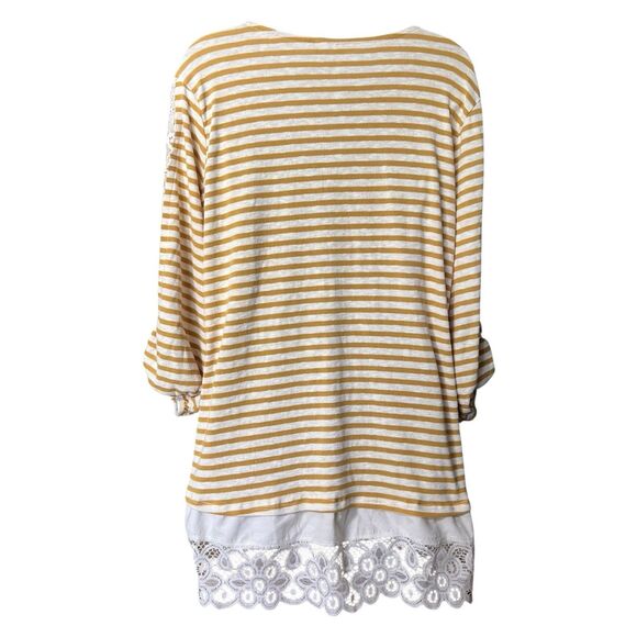 Cato Mustard Yellow Striped Lace Trim Tunic Top Sz Large Lagenlook Cottagecore - Picture 3 of 8